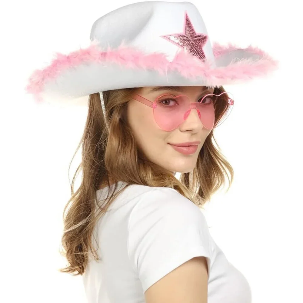 Cowboy Hat and Glasses Set Fur Cowgirl Accessories for Women Party Costume